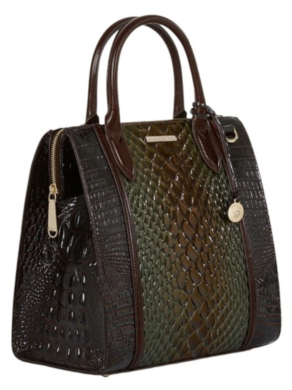 Brahmin Two-Tone Croc-Embossed Satchel in Olive and Dark Brown